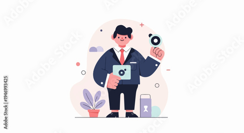 Cheerful man in suit holds magnifying glass and tablet, surrounded by abstract shapes