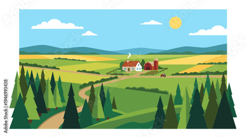A stunning countryside scene featuring verdant coniferous trees in the foreground, a farmhouse or country house centered in a vast field, and a clear blue sky behind, rendered in color