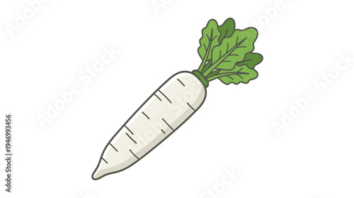 Daikon radish, a root vegetable, depicted as a fresh, natural, organic long tuber icon, representing healthy Asian farm produce for raw consumption and nutrition, rendered as a flat vector