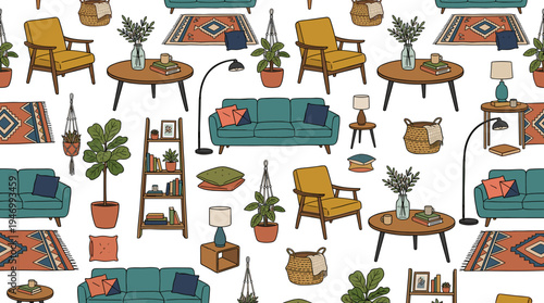 A hand‑drawn vector pattern showcases contemporary home furniture, providing a seamless backdrop of modern interior design elements and furnishings, including a vintage armchair and coffee table
