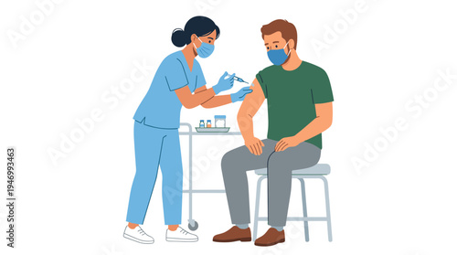 A nurse administers an anti‑virus shot to a man, vaccinating him against COVID; the scene is a colored flat vector illustration of a hospitalized adult isolated on a white background