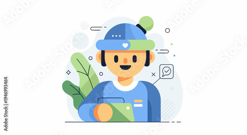 Cheerful person in winter hat holds device, with plant, chat icon
