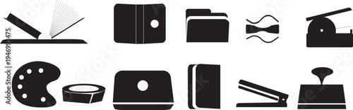 Education tools icon set showing book folder palette stapler and stamp