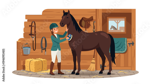 A young equestrian tends to a domestic animal, while a jockey stands beside a purebred horse in the stable; the woman, a devoted equestrienne, cares for a mare, all depicted in a flat cartoon vector