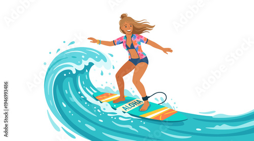 A woman surfer stands on a board, smiling and energetic, enjoying a holiday in the sun, depicted as a flat vector illustration against a white background