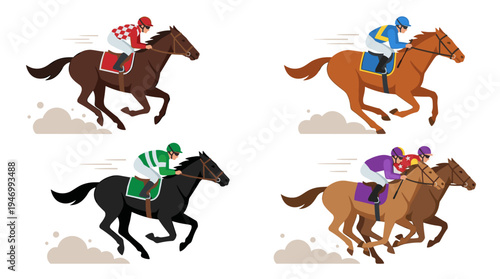 Jockeys ride racehorses in equestrian sport, galloping and racing in derbies, showcasing horseracing speed through flat vector illustrations set against a white background