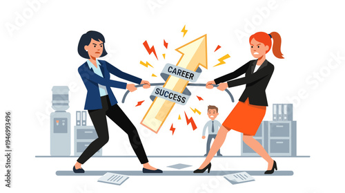 Concept of competition and rivalry: businesswomen face toxic colleagues and rivals in intense conflict, aggressive struggle, and a fight for career success, depicted as a flat vector illustration on