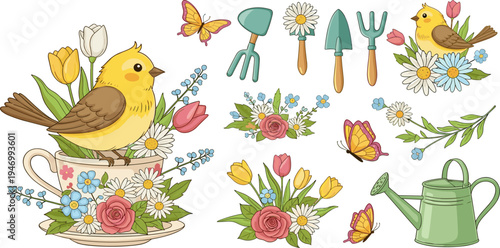 Spring Garden Birds and Flowers Vector Set with Yellow Bird Tulips Roses Butterflies Watering Can and Gardening Tools Illustration