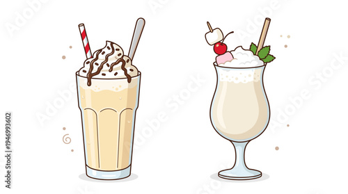 A glass of milkshake topped with whipped cream and chocolate, a vanilla cocktail garnished with marshmallows and chantilly, a refreshing and tasty drink, rendered as a flat vector cartoon on a white