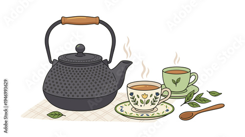 A cast‑iron teapot, adorned with charming cups and tea leaves, is depicted as a dotted Tetsubin kettle against a white backdrop, showcasing isolated kitchen crockery in a tea‑party theme with a