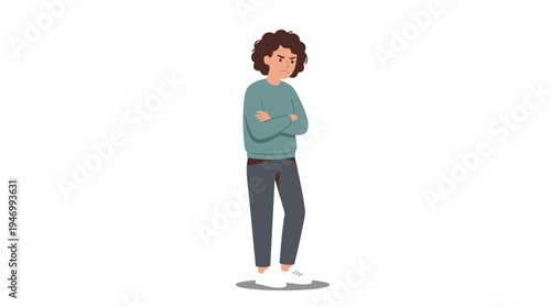 An upset, offended woman in a bad mood, with a negative facial expression, stands with her arms crossed in a flat vector illustration on a white background