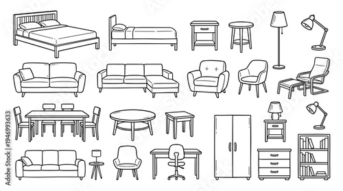 A collection of assorted furniture, hand‑drawn in various styles including sofas, chairs, armchairs, bedside tables, beds, tables, and lamps, depicted in black and white sketches