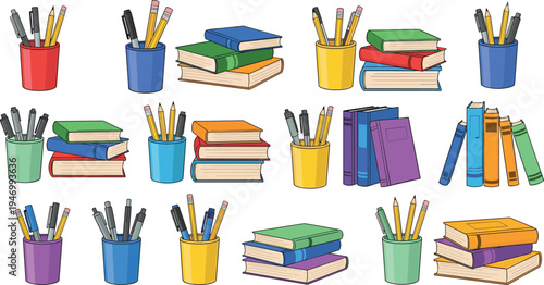 School supplies vector illustration set with books, pencils and pen holders, colorful education stationery collection for study and classroom design