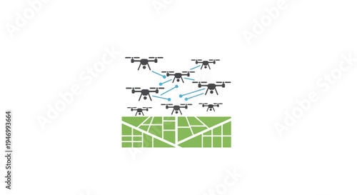 Multiple drones flying in formation.