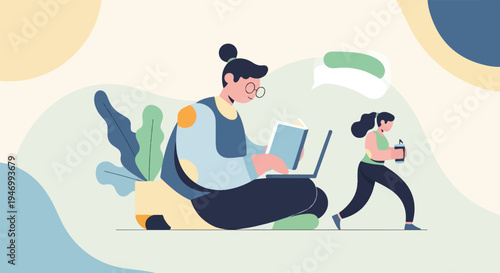 Person reading on laptop, another person jogging with a water bottle