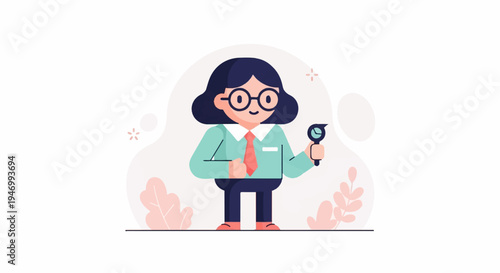 Cartoon scientist in glasses holding a magnifying glass, soft background