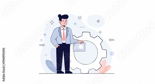 Business professional with briefcase near a large cogwheel