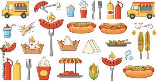 Street Food Hot Dog BBQ Vector Set with Food Truck Sausage Grill Corn Ketchup Mustard Drinks and Fast Food Cartoon Illustration Collection