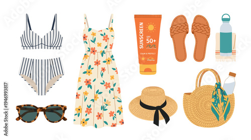 A contemporary summer scene featuring beachwear, sunglasses, and sunscreen, set against a white backdrop with elegant seasonal attire and sunblock cream, rendered as a flat, colorful cartoon vector