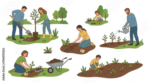 Planting trees, nurturing saplings, sowing seeds, tending to young seedlings. Men, women, children sow in gardens, parks, farms. Working with nature. Flat vector illustrations on a white background