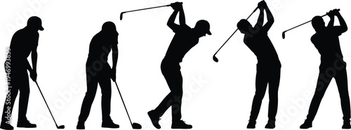 Golf swing silhouette icon set, sports player graphics, athletic motion symbols, training and technique figures, black vector, white background