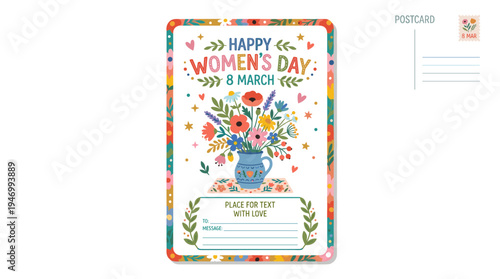 A vibrant flat vector illustration of a vertical postcard for March featuring a wild‑flower bouquet in a vase and space for a Happy Women’s Day message