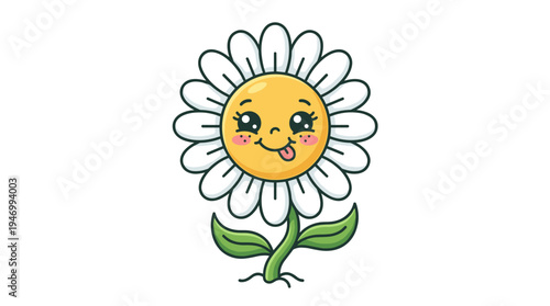 A daisy flower sporting a cheerful, sunny grin, a playful floral figure that embodies a positive, kawaii summer emoji with a mischievous comic look, complete with tongue and freckles, rendered as a