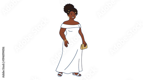 A flat vector illustration of a curvy young African‑American woman, depicted as a plump cartoon character in a white evening dress, celebrating body positivity and plus‑size modeling, standing alone