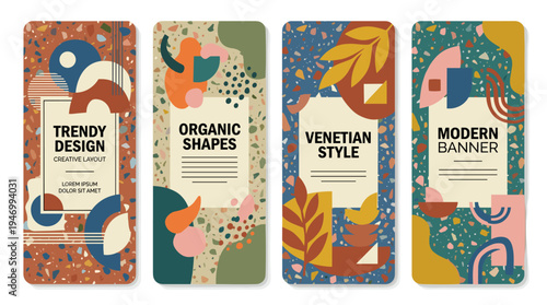 A collection of card templates featuring a terrazzo pattern, a stylish Venetian backdrop with diverse organic geometric shapes, and designated text areas, accompanied by a set of vibrant vertical
