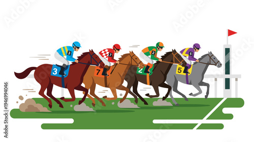 Jockeys guiding horses across a racetrack, while equestrians compete on racehorses at high speed on the turf of a hippodrome, depicted in a flat vector illustration