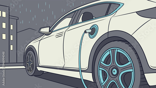 Electric vehicle charging at a station in the city during a rainy night shown in a clean flat vector illustration style for sustainability themes.
