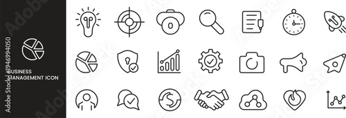 Business and management icon set. Business teamwork and management line icons collection. Management icon collection. Business, organization management and technology icon set. Basic management icon