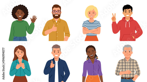 Happy men and women pose for portrait photos, smiling with expressive gestures and facial expressions that convey positive emotions, depicted as flat vector illustrations against a white background