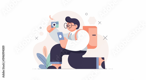 Person with backpack and camera taking photo on smartphone