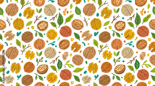 A nut appears seamless against a white backdrop, accompanied by a hand‑drawn, colorful walnut pattern