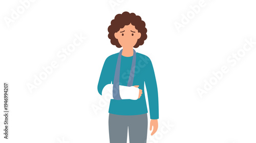 A distressed woman wearing a plaster cast on her broken hand. A sorrowful patient suffering an arm injury while healing. An individual in an orthopedic sling after an accident. A colorful flat vector