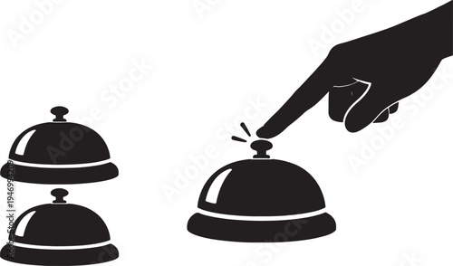 Black and white hand pressing a service bell with other bells in the background also transparent background