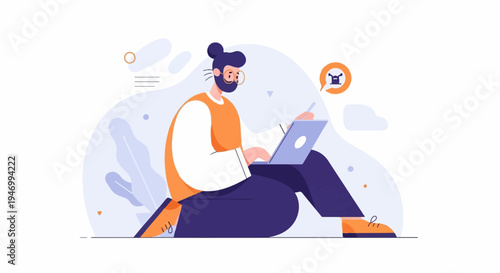 Person using laptop with a drone icon in speech bubble