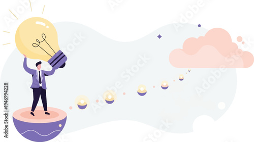 Person with bright idea bulb on circular platform, leading to ideas