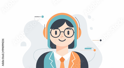 Cheerful person wearing headphones and glasses, with split suit jacket