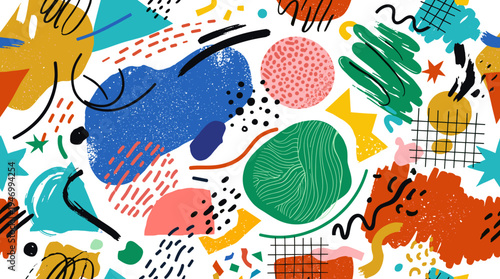 A creative, seamless pattern featuring vibrant stains, lines, and shapes of varied textures against a white backdrop, presented as a stylish abstract background in retro vector style suitable for