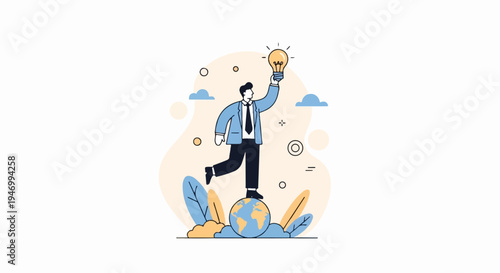 Man with lightbulb on planet Earth, idea, innovation
