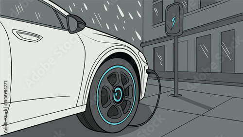 Electric car charging at a city street station during a rainy night in a flat vector illustration style for sustainable transportation concepts.