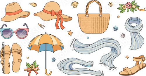 Summer Fashion Accessories Vector Set with Straw Hats Sunglasses Umbrella Scarf Sandals Woven Bag and Floral Decoration Cartoon Illustration