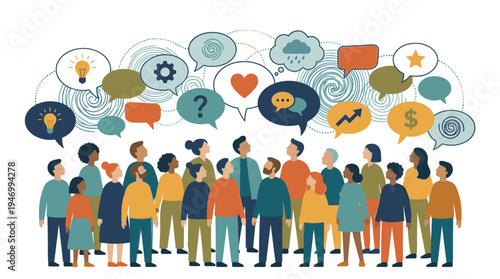 A crowd holding varied thoughts, reflecting social psychology and the collective unconscious, showcasing public and societal ideas, dreams, emotions, and opinions, depicted as a flat vector