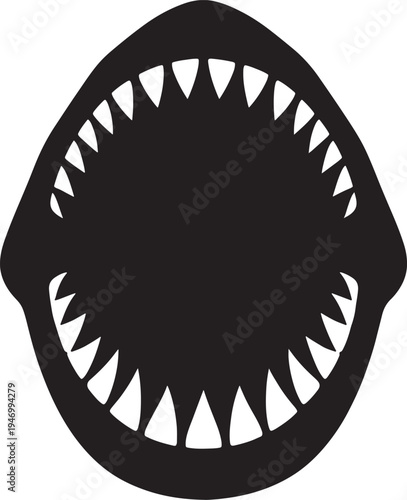 Black and white silhouette of open shark jaws showing rows of teeth also transparent background sharp teeth