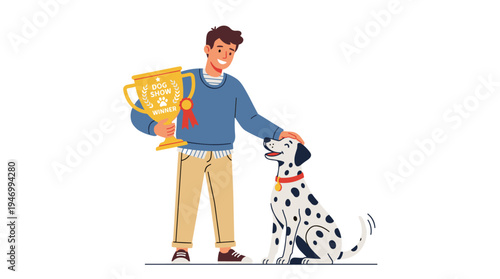A portrait featuring a Dalmatian and its delighted owner holding a golden trophy for the dog show champion, depicted as a colored flat vector illustration set against a white background
