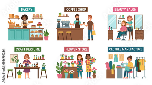 A collection of small business owners: joyful entrepreneurs who run bakeries, coffee shops, beauty salons, craft perfume shops, flower stores, and clothing manufacturing. The image is a flat vector