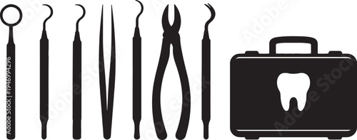 Black and white silhouette of dental tools and a briefcase with a tooth symbol also transparent background