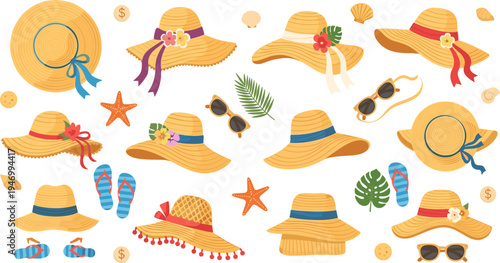 Summer Straw Hat and Beach Accessories Vector Set with Sunglasses Sandals Starfish Tropical Leaves and Vacation Fashion Illustration